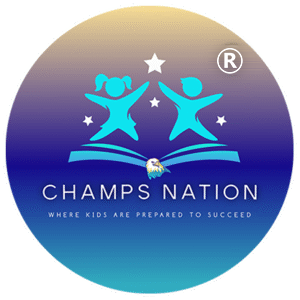 Champs Nation logo: two blue dancing figures above an open book and stars, circular gradient background with the slogan 'Where kids are prepared to succeed'.