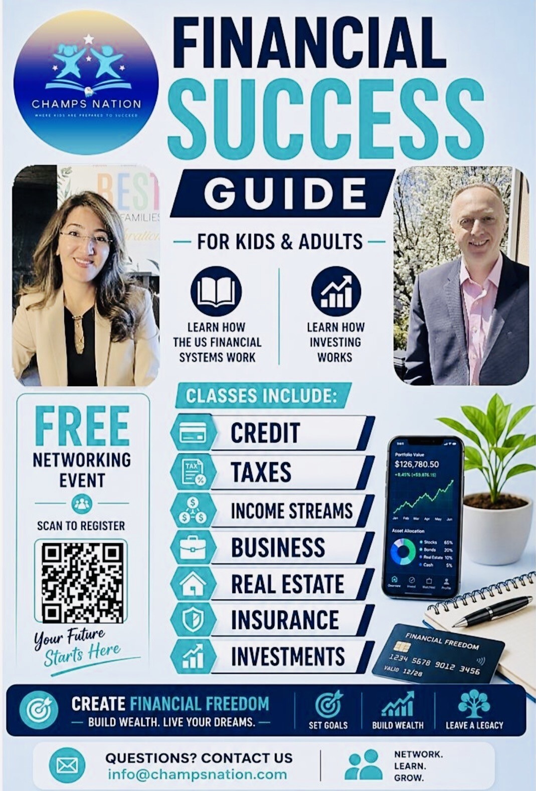 Promotional poster for Financial Success Guide with Champs Nation logo large FINANCIAL SUCCESS title and photos on left and right showcasing classes for kids and adults