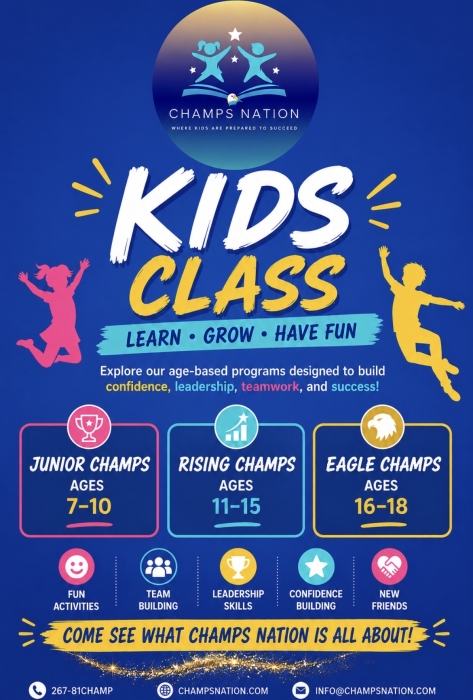 Poster for Champs Nation Kids Class with three programs Junior Champs 710 Rising Champs 1115 Eagle Champs 1618 blue background large'KIDS CLASS' text, and jumping silhouettes; Learn • Grow • Have Fun.