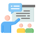 Blue presenter gesturing and speaking to a small audience of three seated people overlapping chat bubbles suggest dialogue
