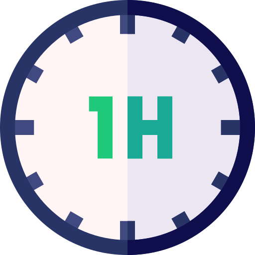 Round timer icon with a dark blue border and tick marks displaying a bright green 1H at the center