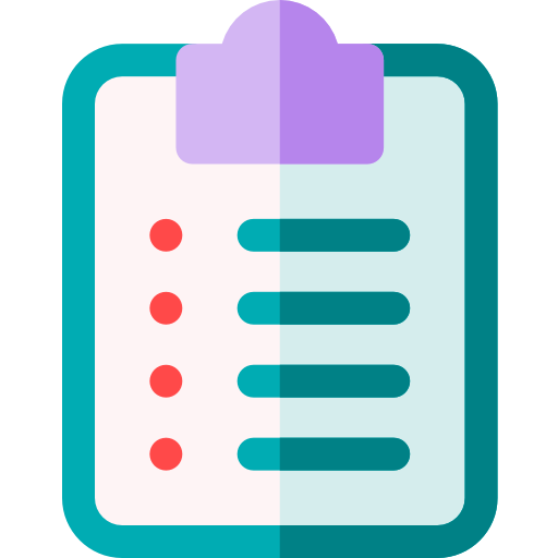 Clipboard style icon showing a checklist with red bullets on the left and teal rounded items on the right