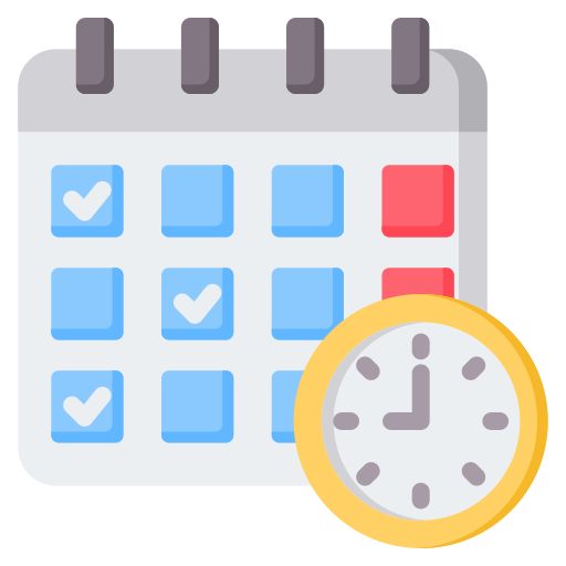 Calendar grid with several blue checkmarks and a clock overlay indicating schedule reminders and time planning