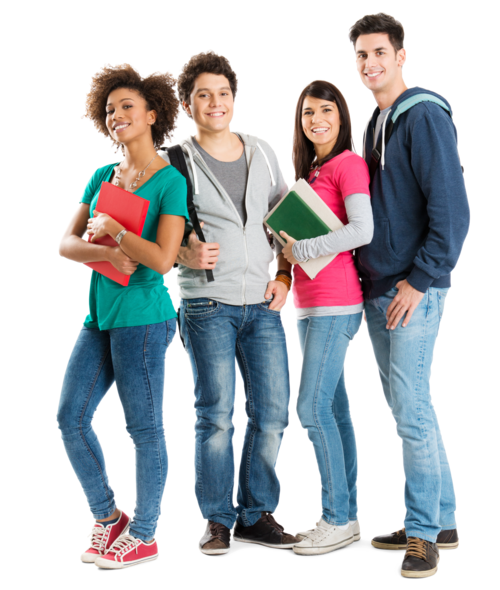 Group of four diverse students standing together with backpacks and books smiling informative